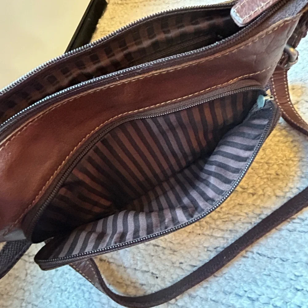 Jack Georges Voyager Brown Leather Front Zip Pocket Crossbody Bag Purse